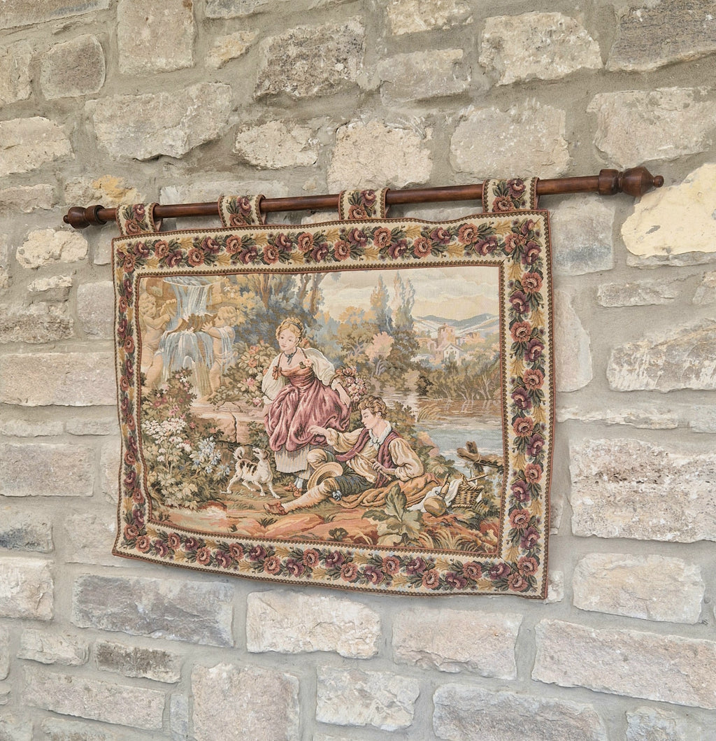Vintage French Jaquard Pastoral Tapestry Wall Hanging Mounted on Oak Finialled Pole Linned & Finished in England 86cm x 62cm