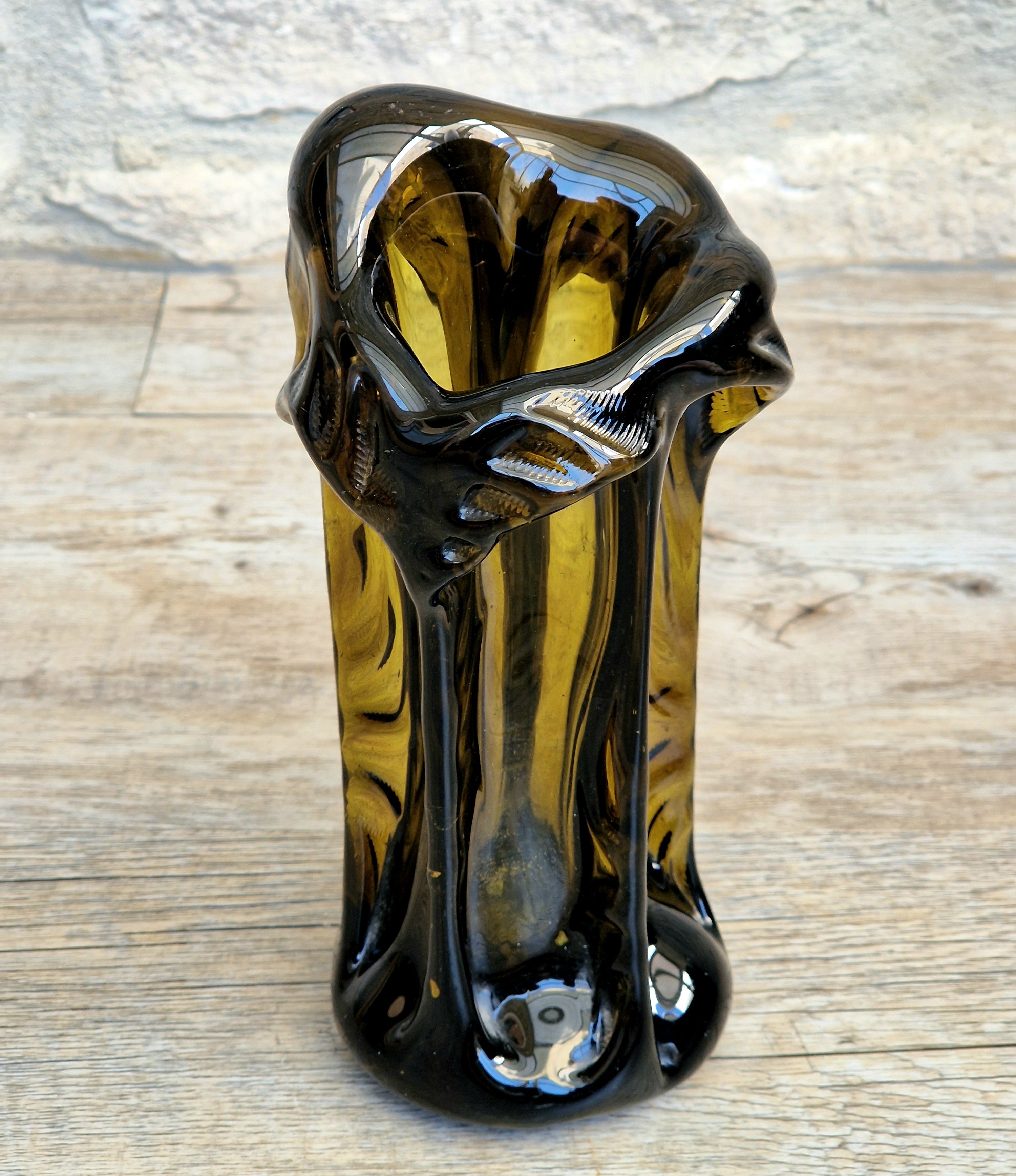 Vintage 1970s Polish Wołomin Hand Blown Smoked Amber Art Glass Pulled Freeform Ribbed Vase Rare Piece