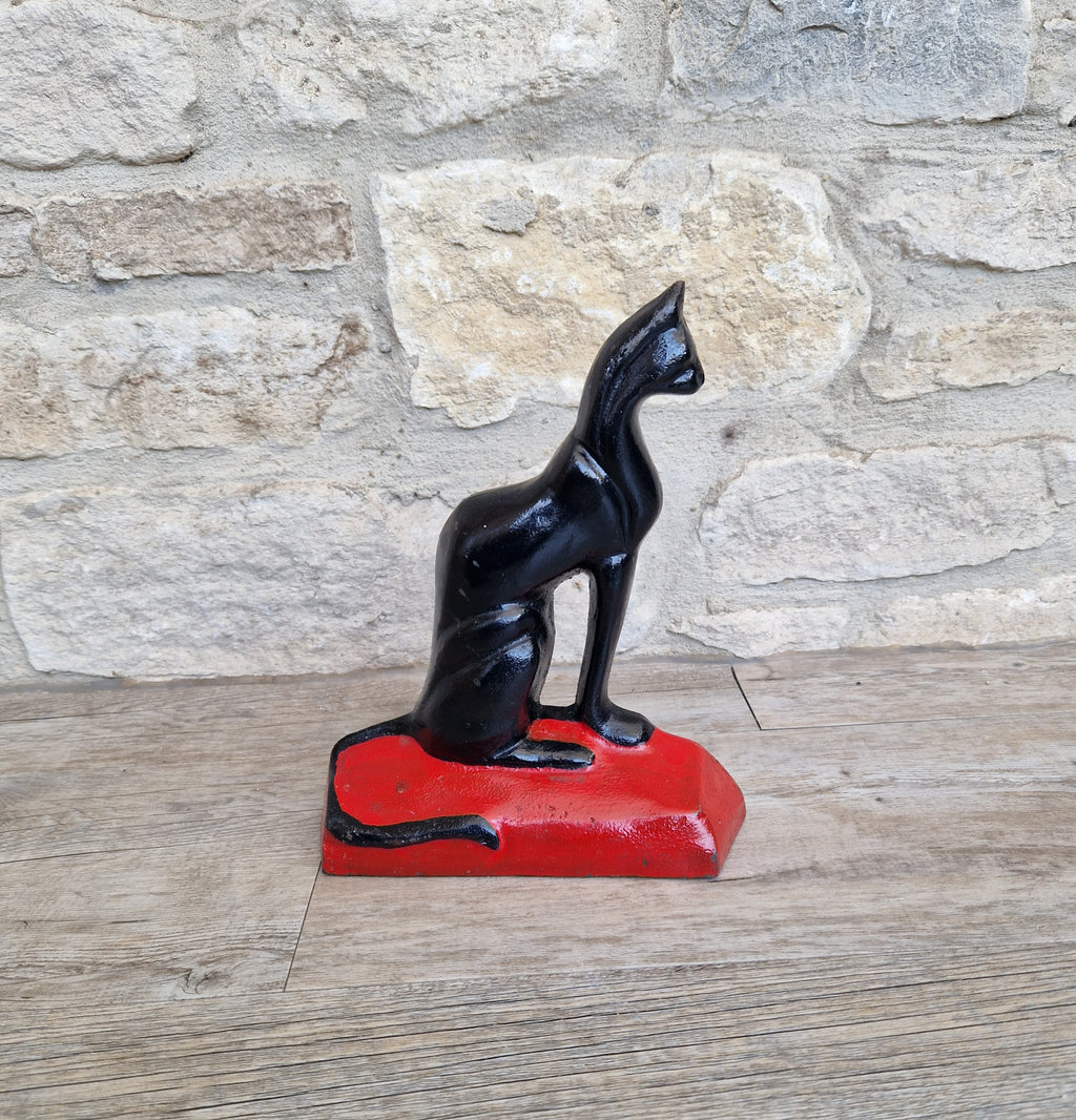 Antique Rare Cast Iron Art Deco Black Sitting Cat Doorstop