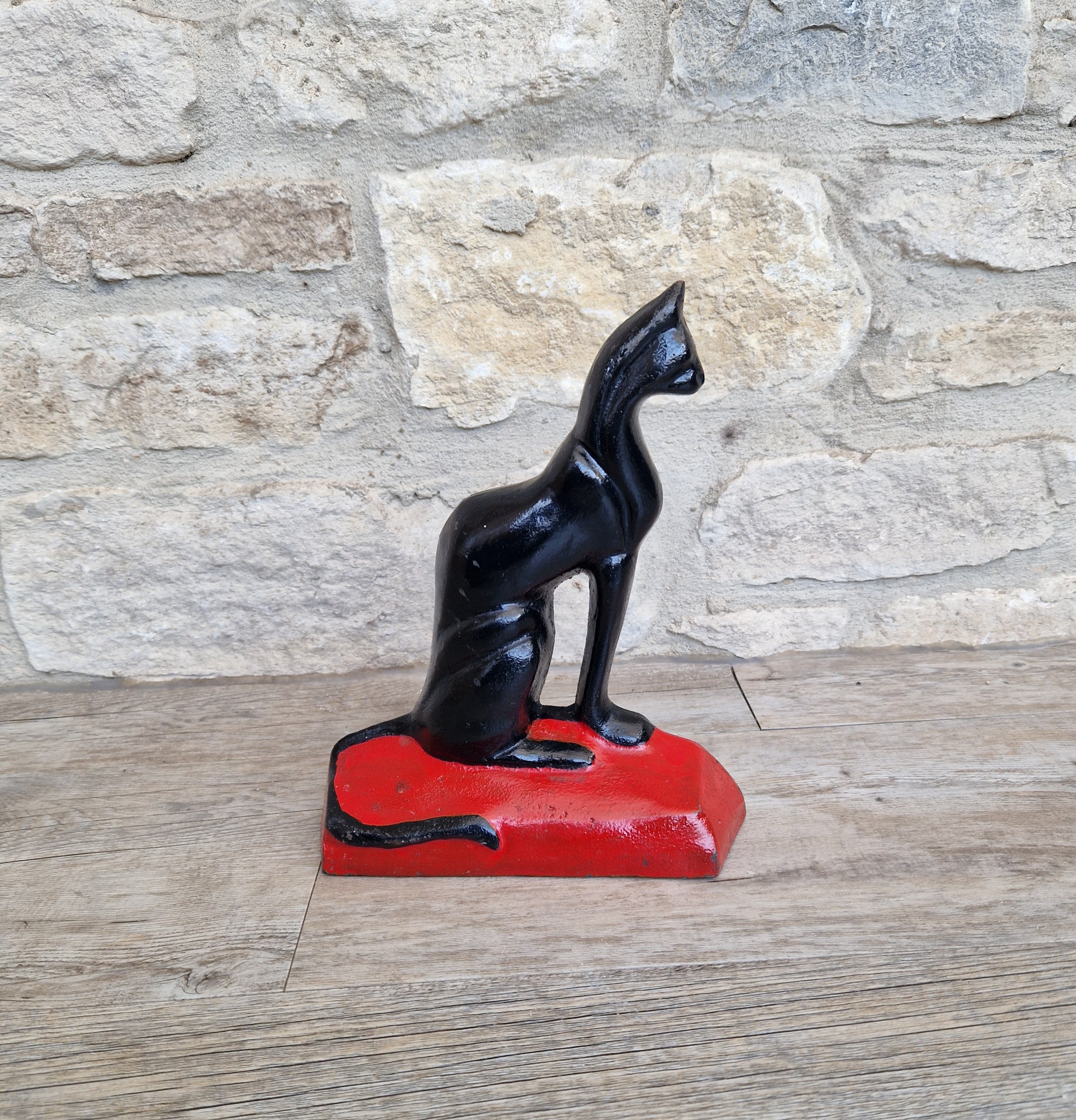 Antique Rare Cast Iron Art Deco Black Sitting Cat Doorstop
