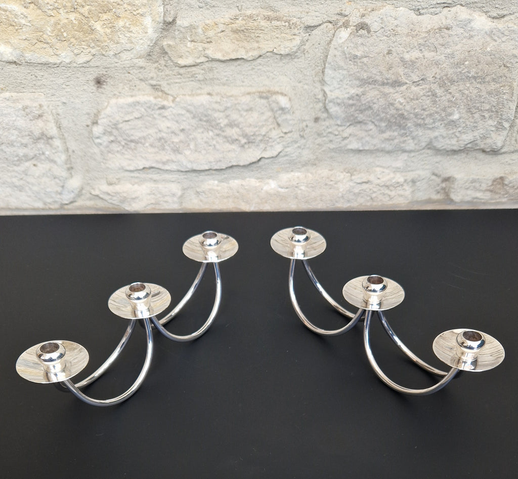 1960's Berg 'Selandia' Danish 3 Branch Minimalist Candelabra Candle Holders x 2