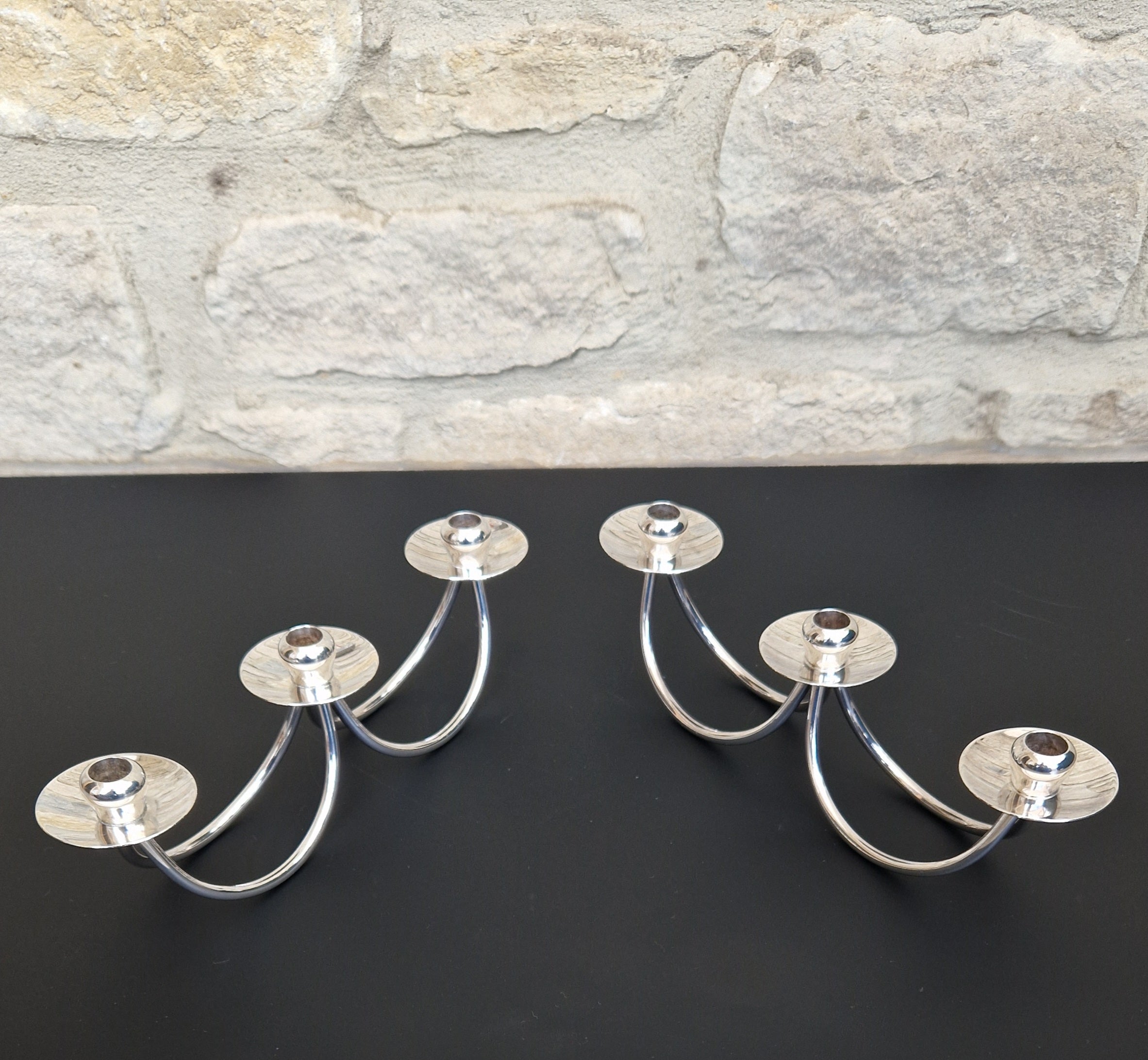 1960's Berg 'Selandia' Danish 3 Branch Minimalist Candelabra Candle Holders x 2