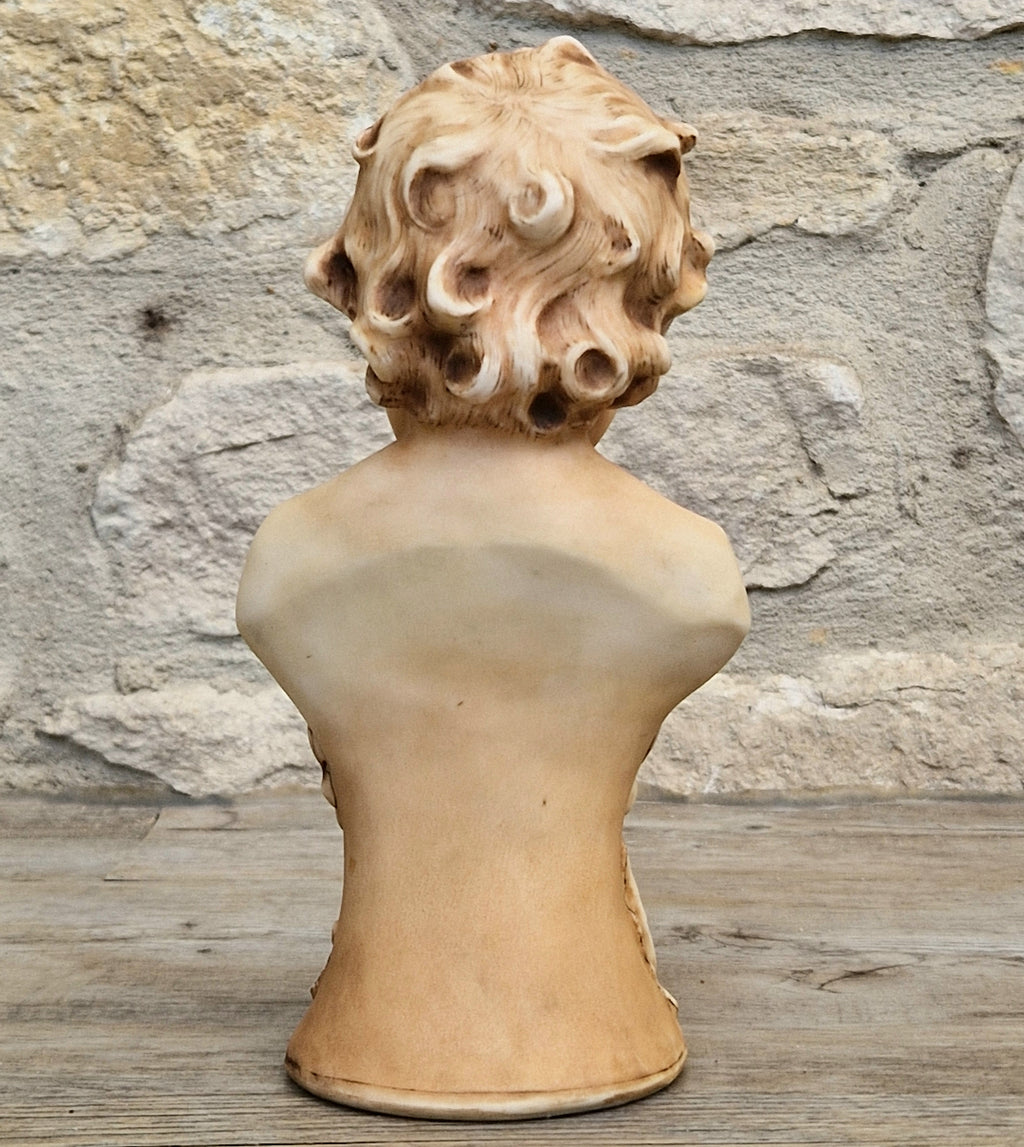 Antique NeoClassical Continental Patinated Bisque Porcelain Putti Boy Bust Figure Ornament