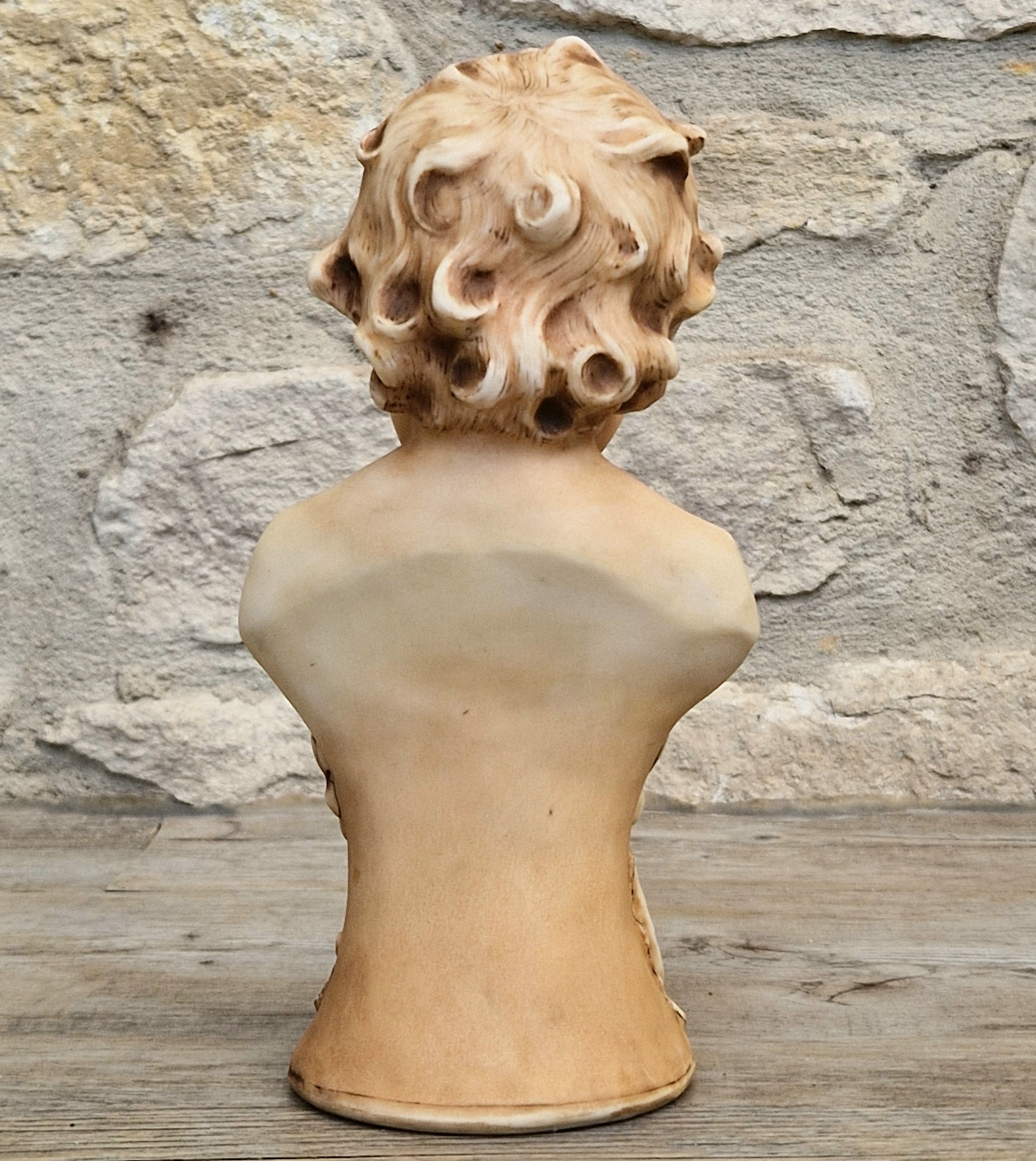 Antique NeoClassical Continental Patinated Bisque Porcelain Putti Boy Bust Figure Ornament
