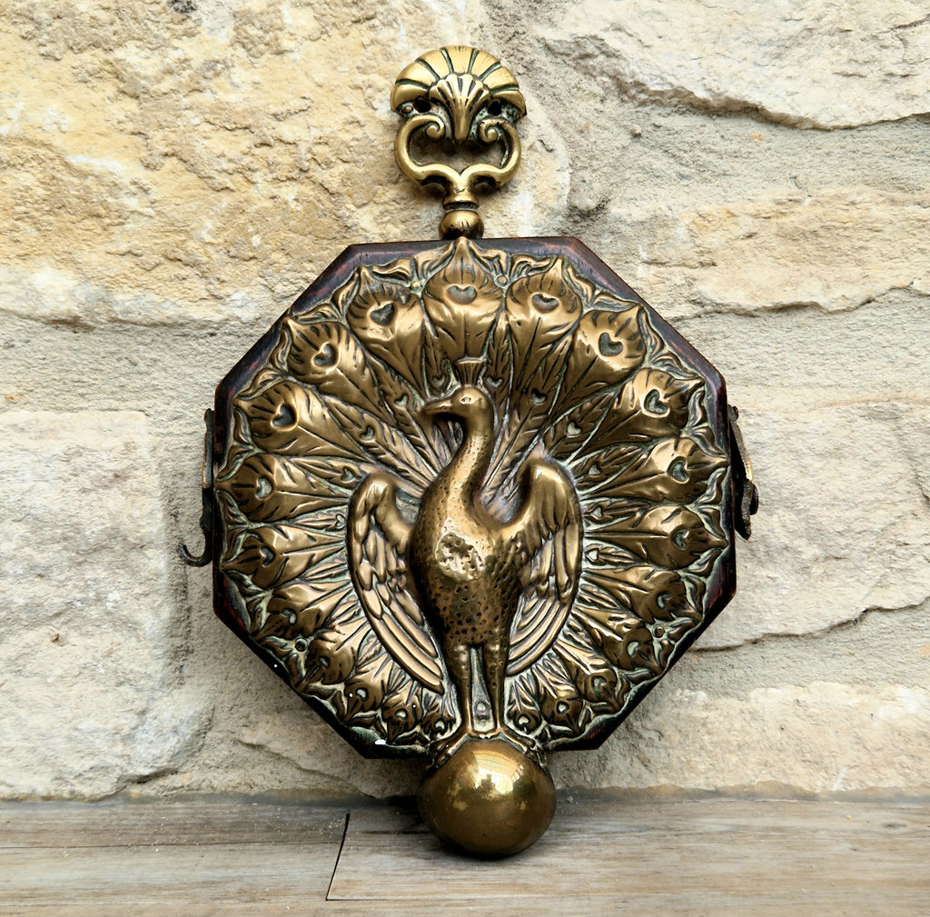 Fine Rare Antique Repousse Brass Peacock Finial English Aesthetic Movement Fumed Oak Decorative Plaque