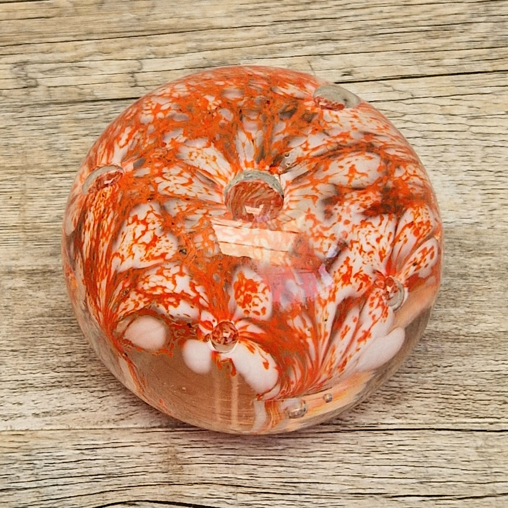 Vintage Rare Liskeard Glass Cornwall Orange & White Bubble Sphere Paperweight 1975