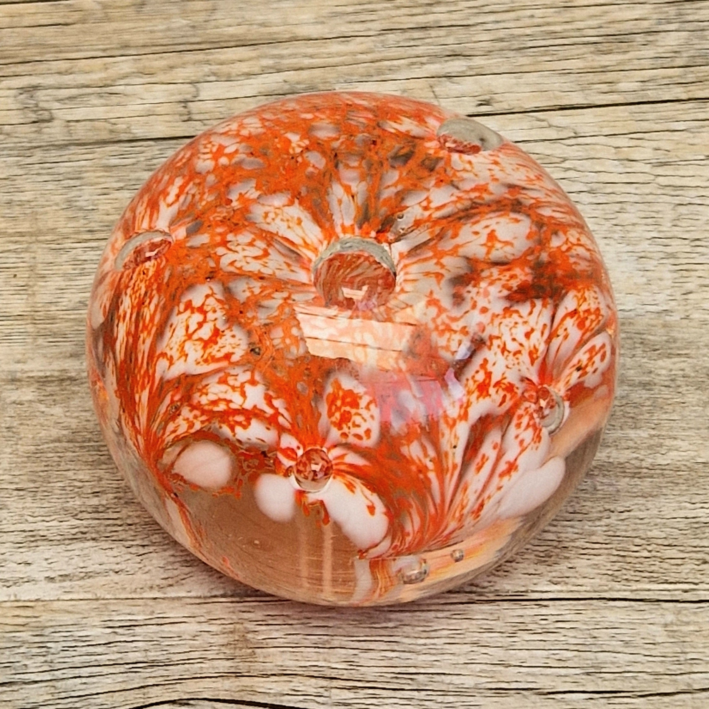 Vintage Rare Liskeard Glass Cornwall Orange & White Bubble Sphere Paperweight 1975