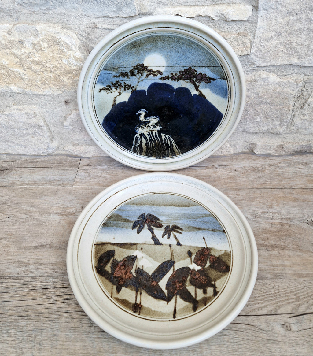 Ian Pirie Studio Pottery Diptych Wall Plaques Night & Day Vintage Scottish Ceramic Landscape Chargers