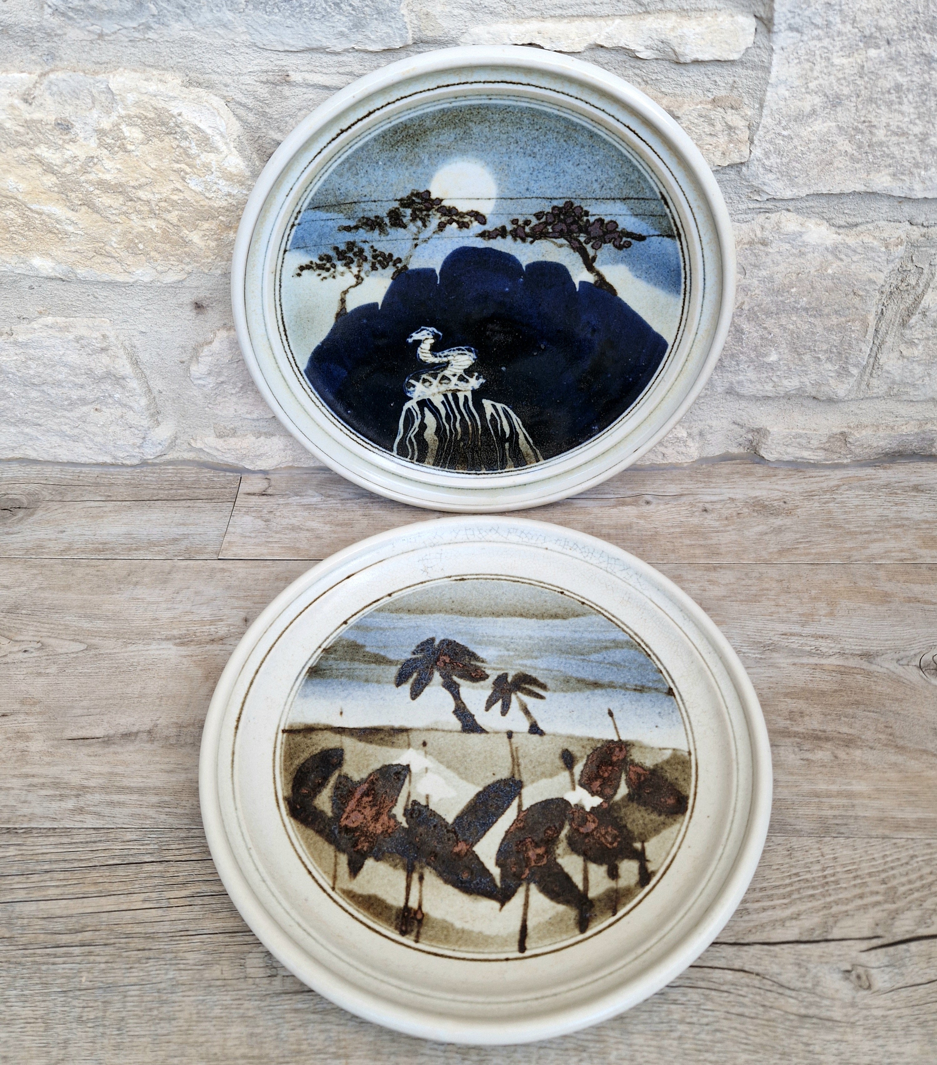 Ian Pirie Studio Pottery Diptych Wall Plaques Night & Day Vintage Scottish Ceramic Landscape Chargers