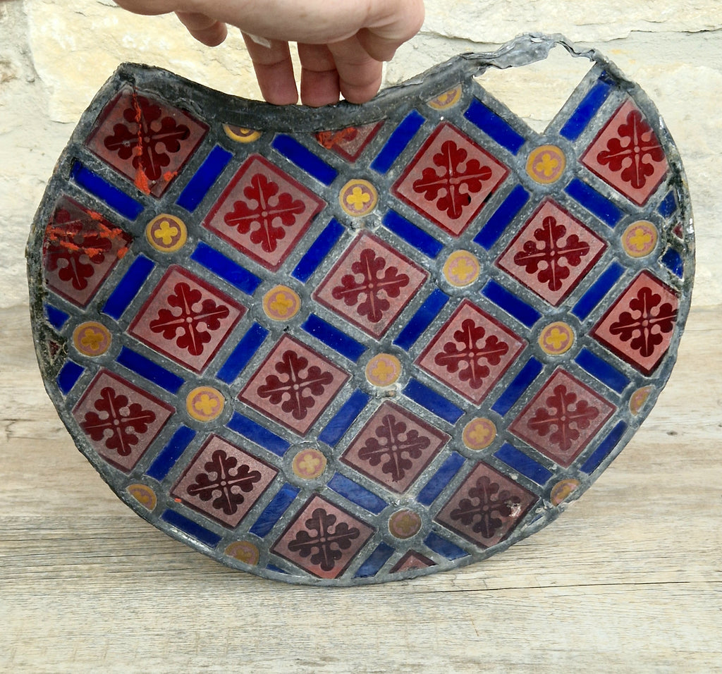Rare Antique Early 19th Century French Gothic Revival Stained Glass Roundel Panel - Medieval Style Diaper Pattern