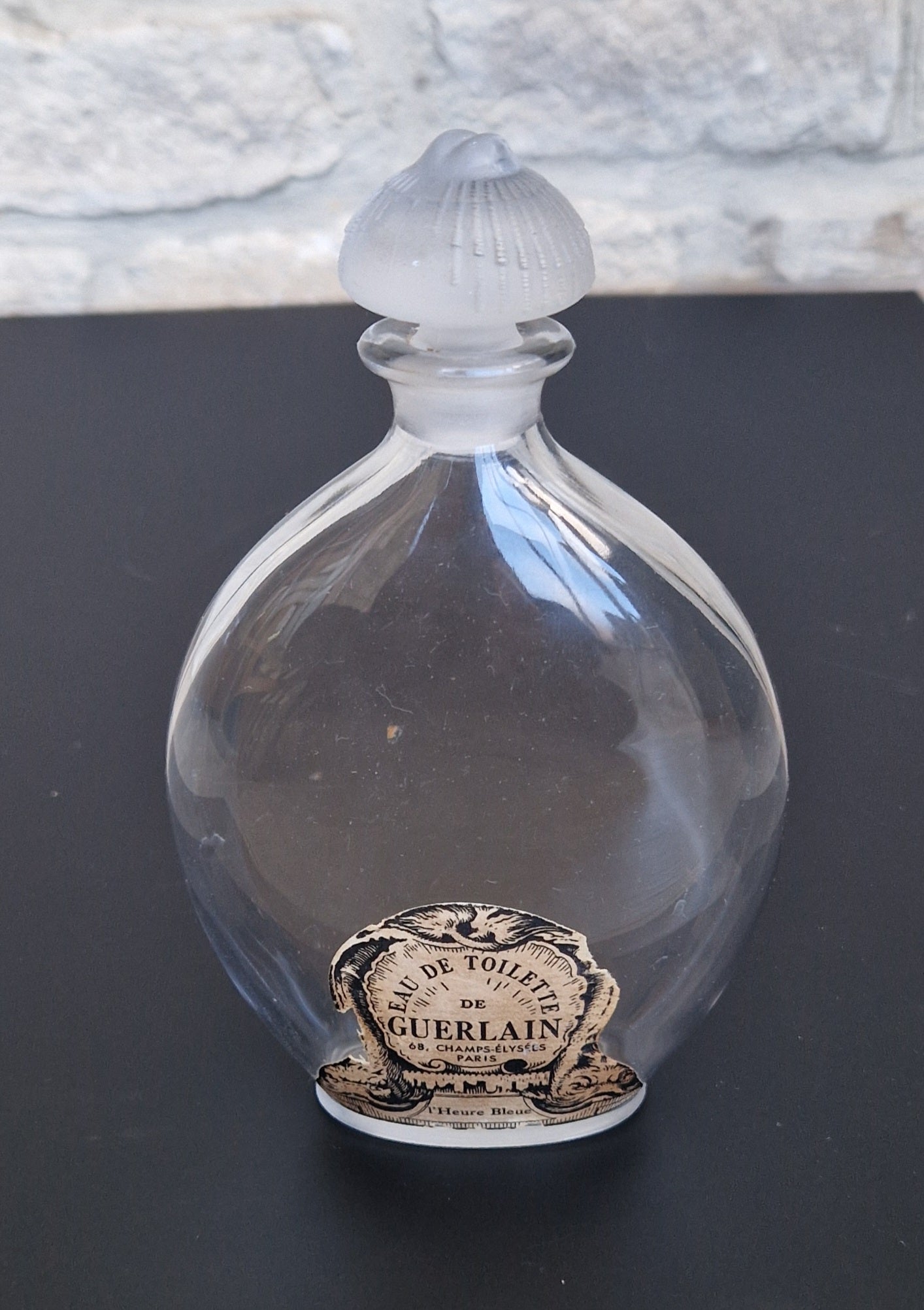 Guerlain Glass Perfume Bottle Dolphin Paper Label Frosted Stopper L'Heure Bleue 'Flacon Goutte' Empty 16.5cm
