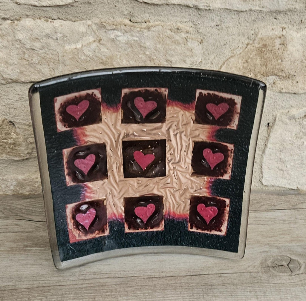 Art Glass Large Love Heart Fused Glass Curved Square Centrepiece 19cm Square