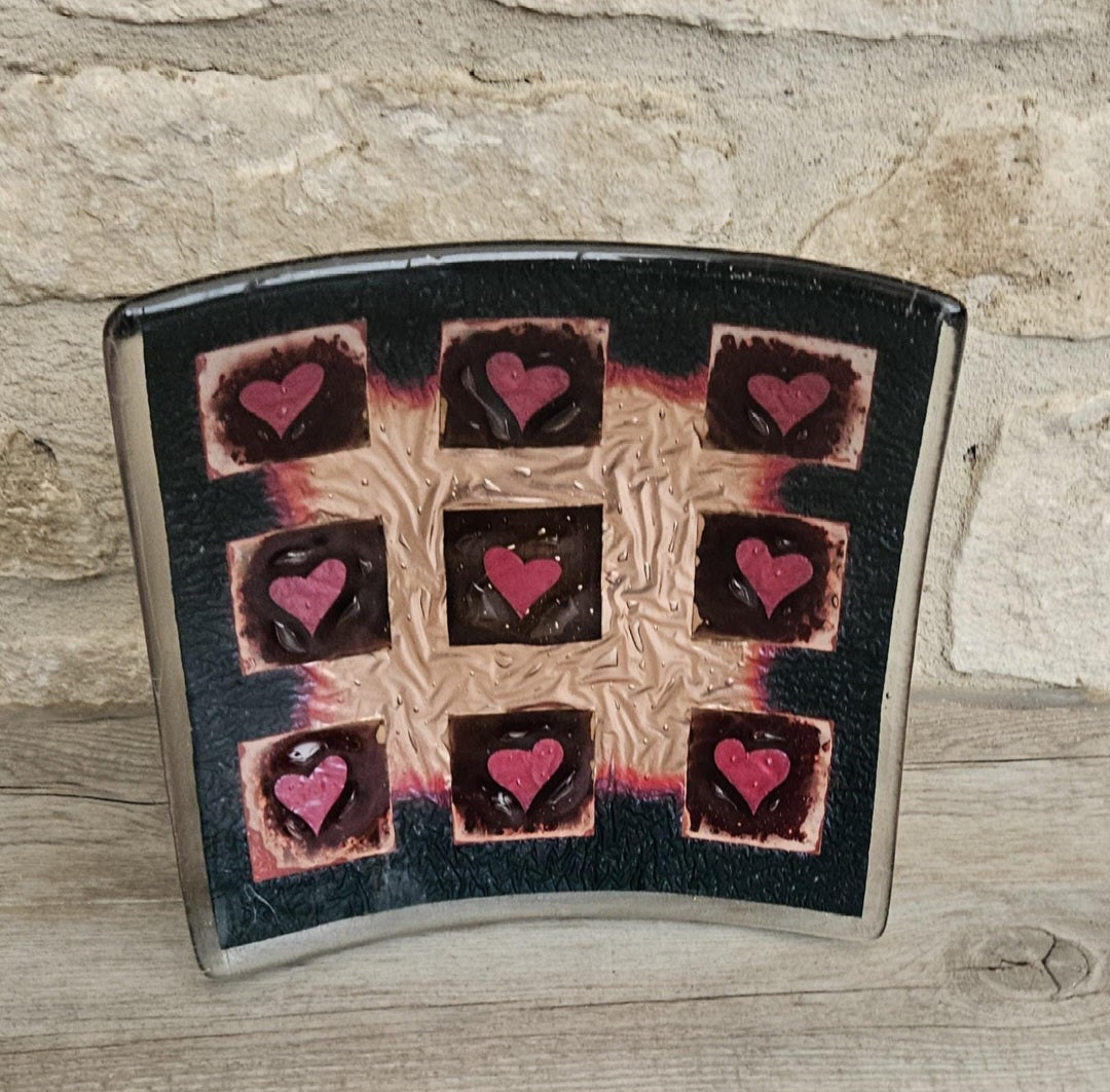 Art Glass Large Love Heart Fused Glass Curved Square Centrepiece 19cm Square
