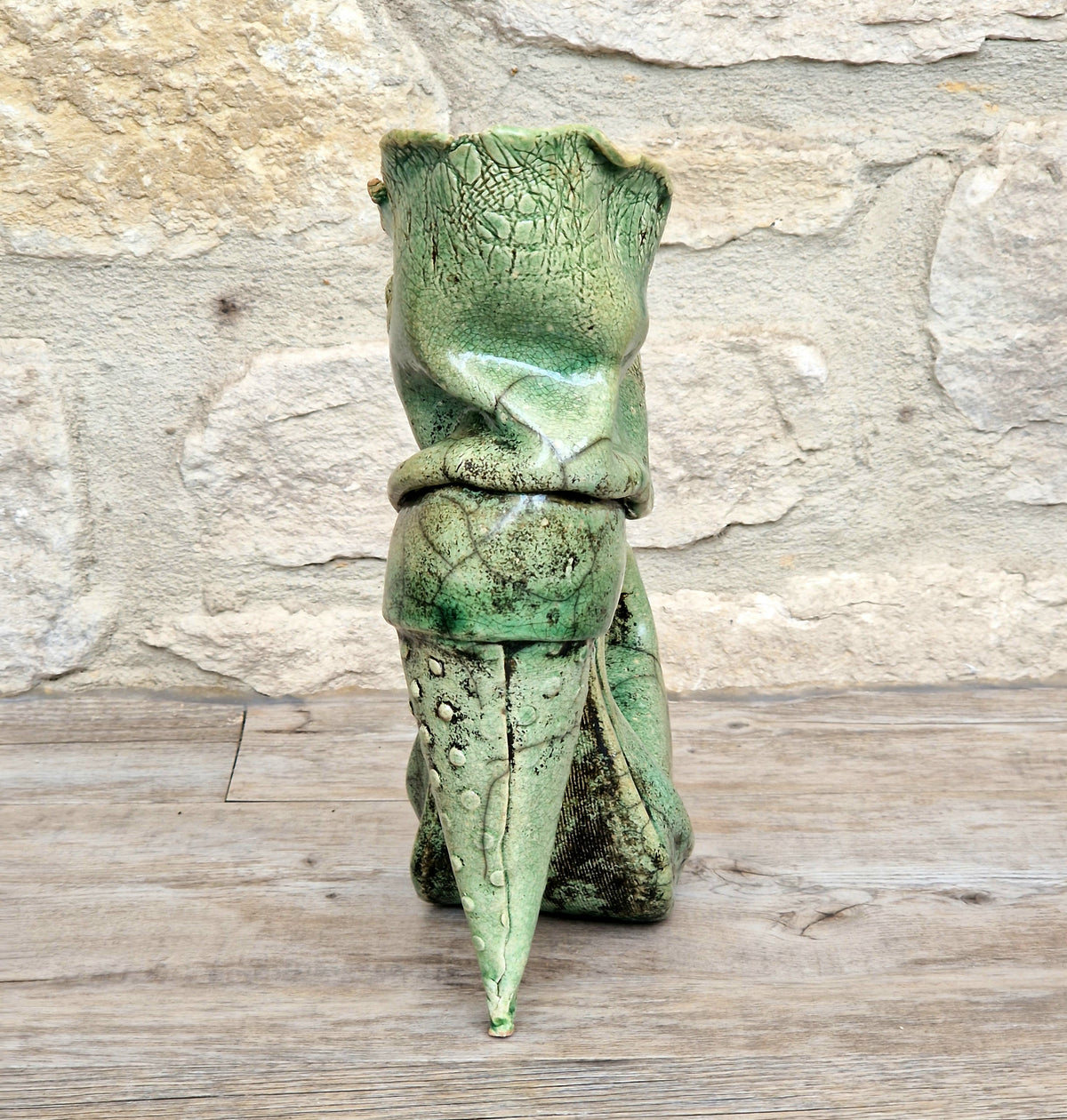Vintage Ceramic Witches Boot Art Ornament, Green Crackle Glaze, Whimsical Handmade Style, Gothic Decorative Sculpture