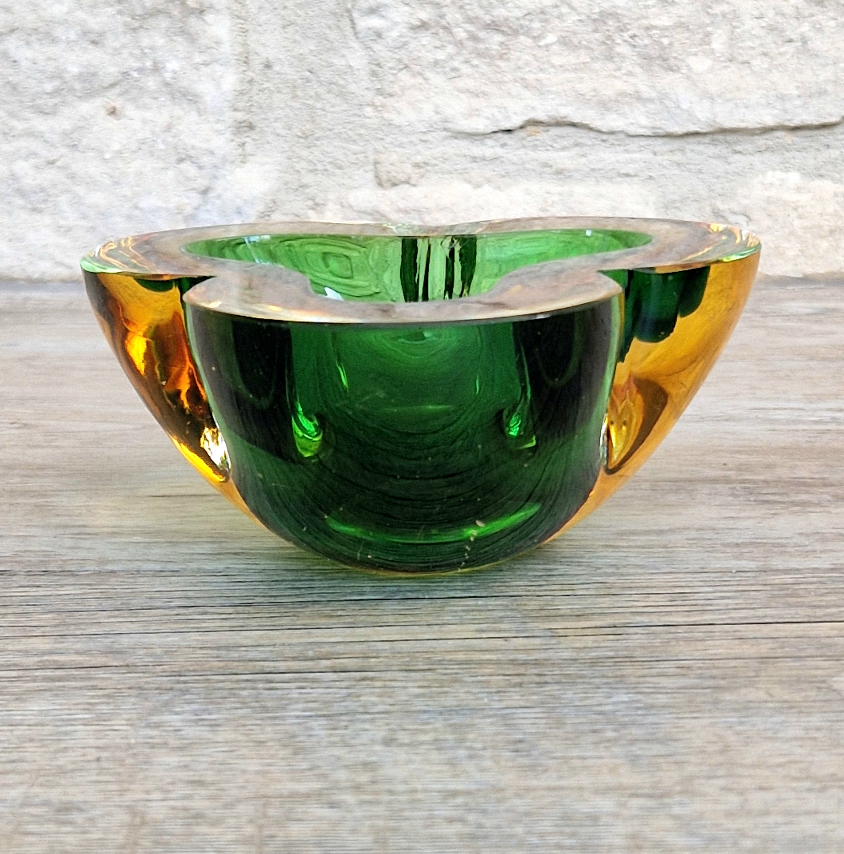 Mid-Century Tri-Form Seguso Sommerso Murano Art Glass Bowl Amber & Green 1970s 13cm
