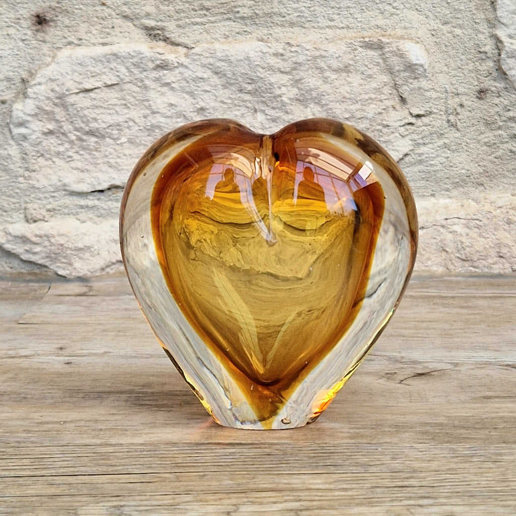 Vintage Mid Century Murano Sommerso Amber Art Glass Heart Vase Paperweight Seguso Sculptural Decor