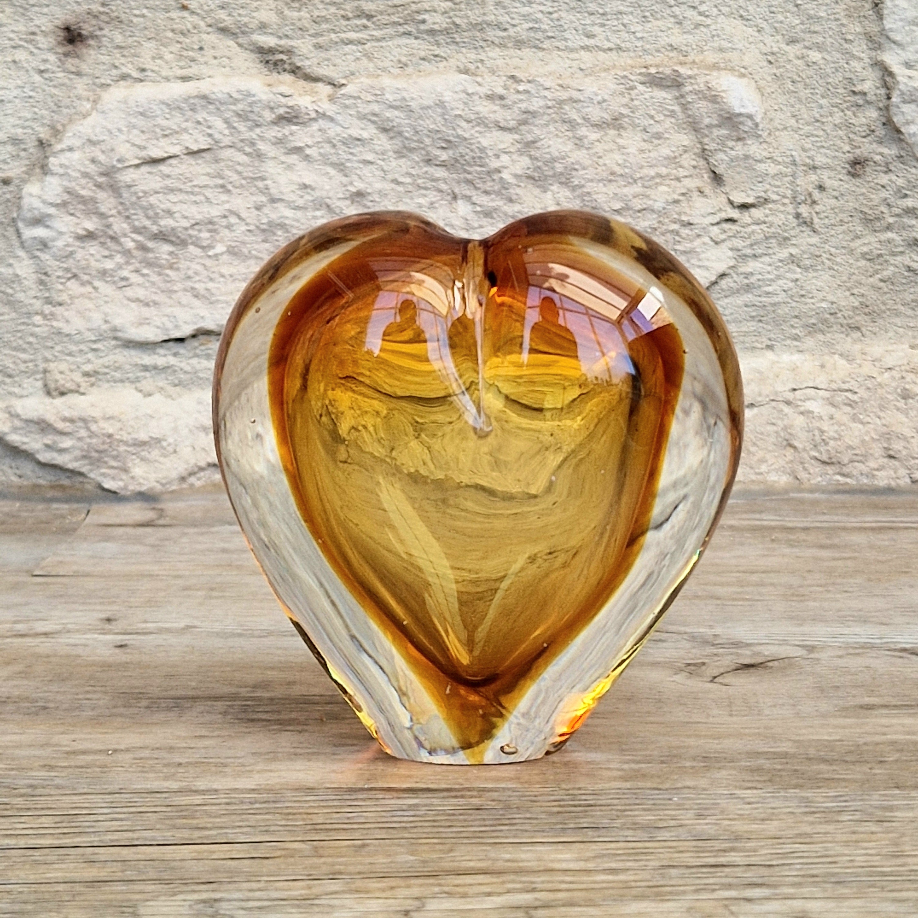 Vintage Mid Century Murano Sommerso Amber Art Glass Heart Vase Paperweight Seguso Sculptural Decor
