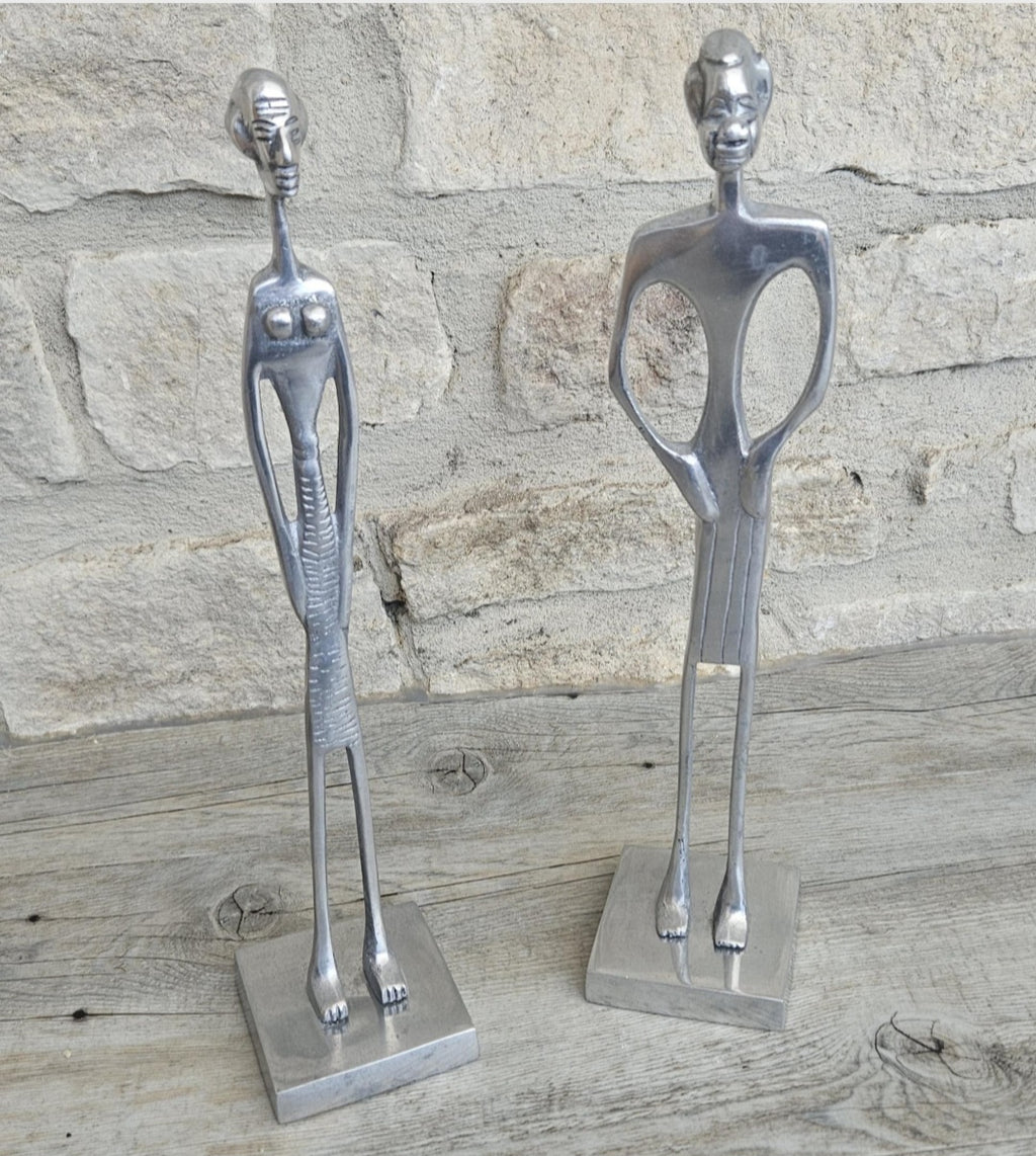 2 Aluminium Dogon Style Brass Art Figure Tall Skinny African Elongated Man 31cm Tall Lightweight