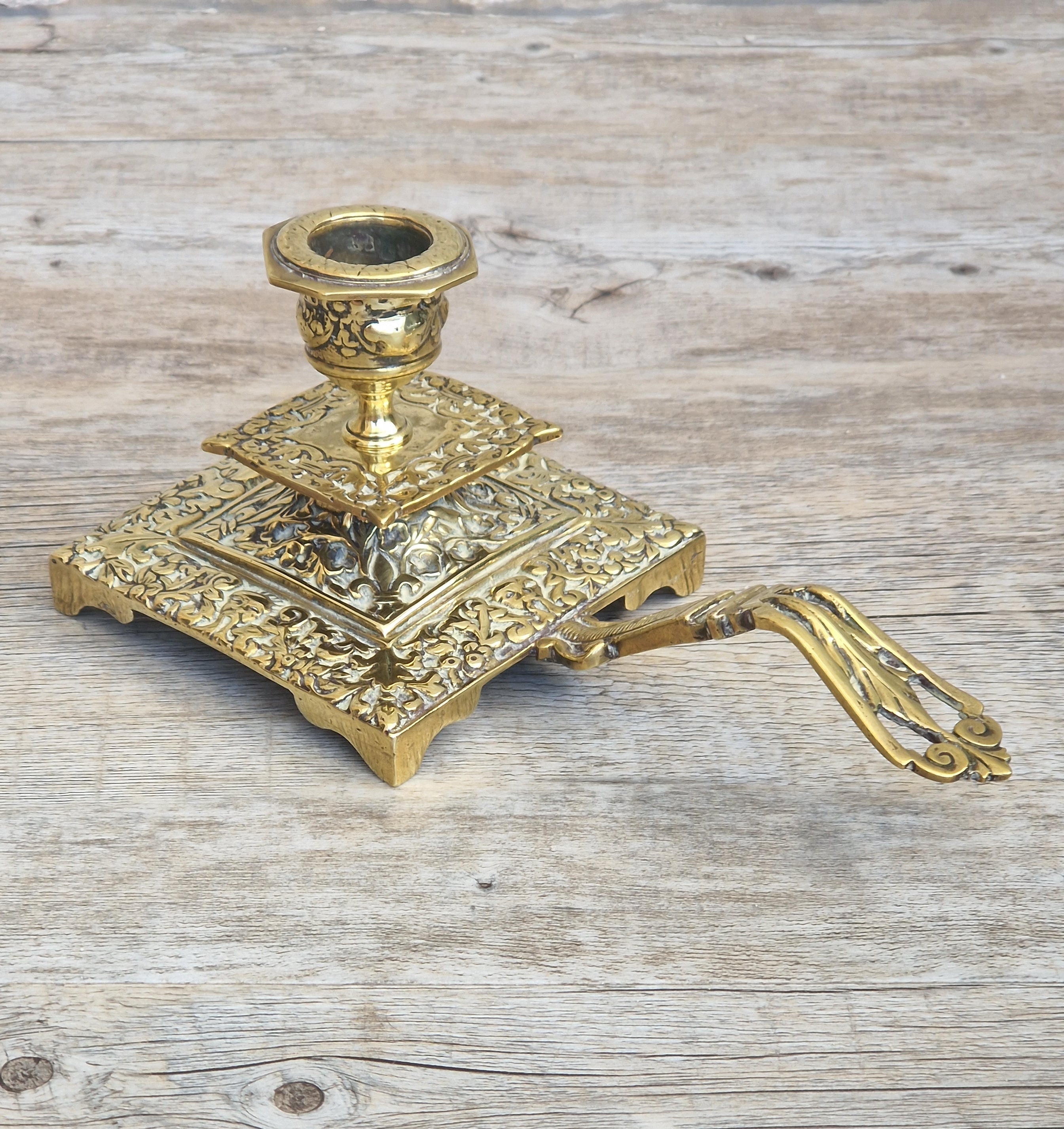Fine French Antique Rococo Solid Brass Square Tiered Footed Chamberstick