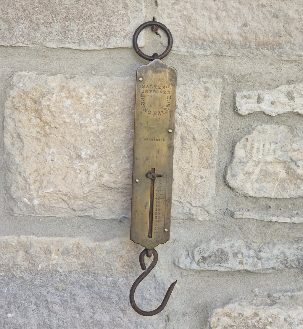 Antique Salter Improved Brass Spring Balance Scale Hanging Pocket Scales 32.5cm Working