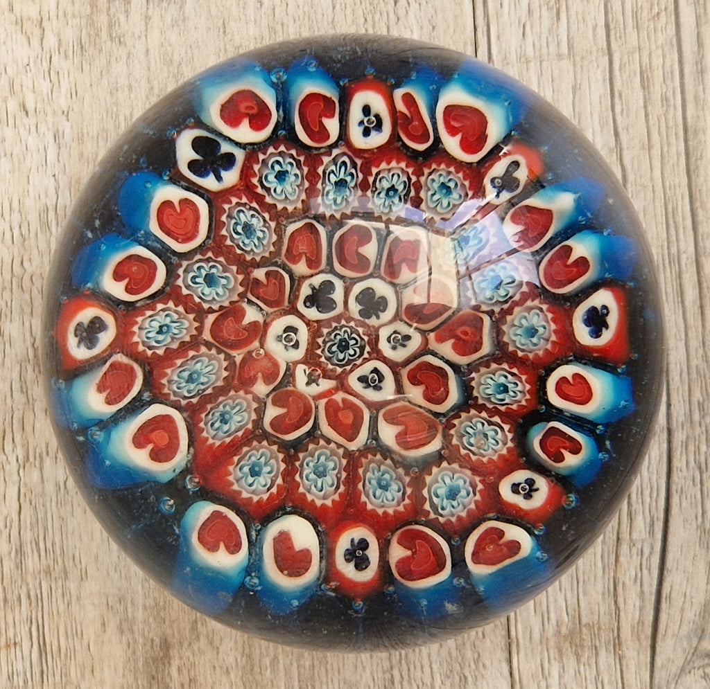 Vintage Murano Red and Blue Glass Hearts & Clubs Millifiore Round Paperweight