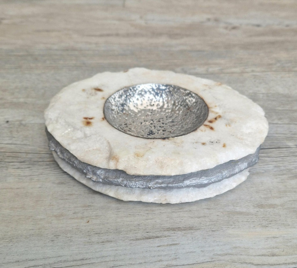 Alabaster & White Metal Vide Poche Catch-All Bowl Handmade Vintage