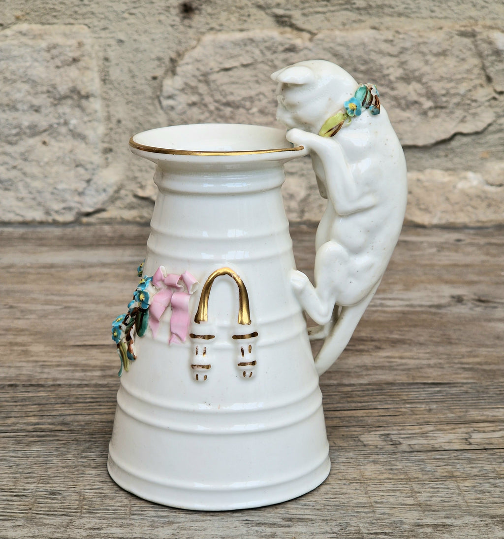 Antique Copeland Porcelain Cat Cream Churn Vases Pair Floral Applied Flowers Gilt 19th Century