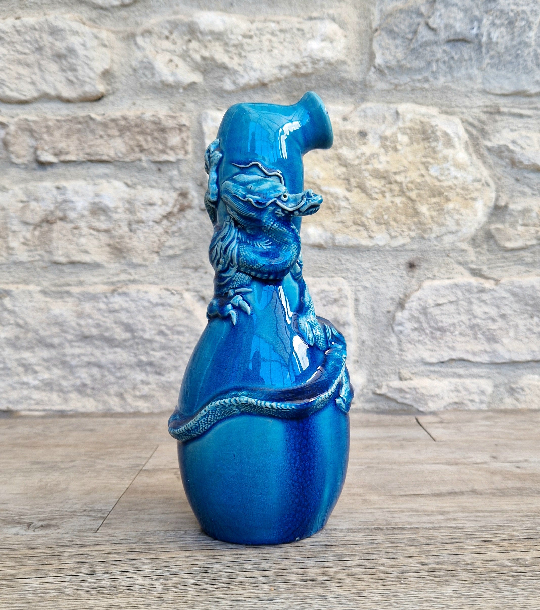 Antique Japanese Awaji Meiji Period Turquoise Pottery Dragon Bottle Vase