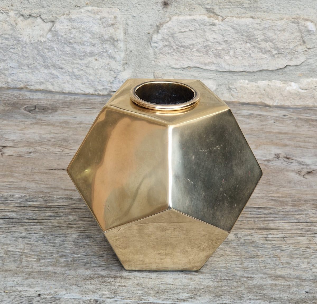 Antique Geometric Brass Dodecahedron Vase Secessionist Jugendstil Planter With Copper Removable Insert Liner
