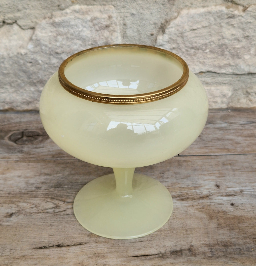 Vintage Italian Opaline Green Glass by Vincenzo Nason 1950s Hand Blown Gilt Rim Pedestal Candy Dish