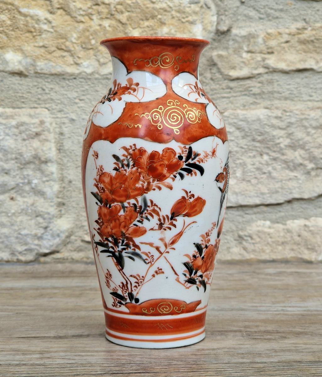 Small Antique Meiji Red Ground Gold Floral Hand-Painted Kutani Vase