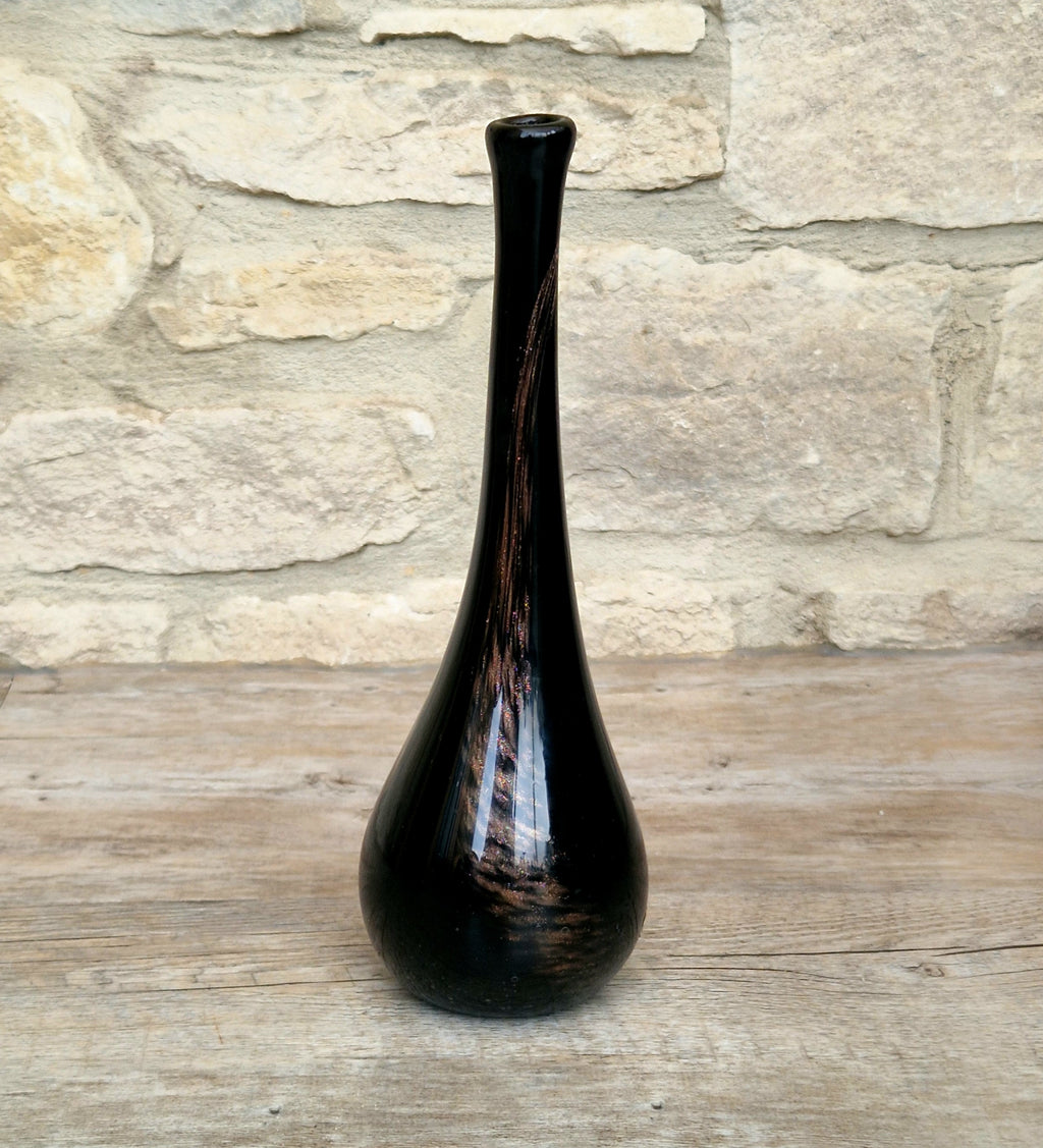 Gérard Torcheux Midcentury Amethyst Black Glass Teardrop Vase French Studio Glass Original Label. 1970s