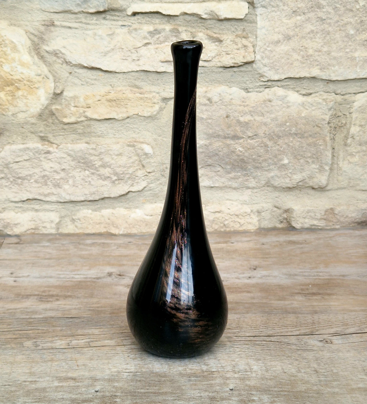 Gérard Torcheux Midcentury Amethyst Black Glass Teardrop Vase French Studio Glass Original Label. 1970s