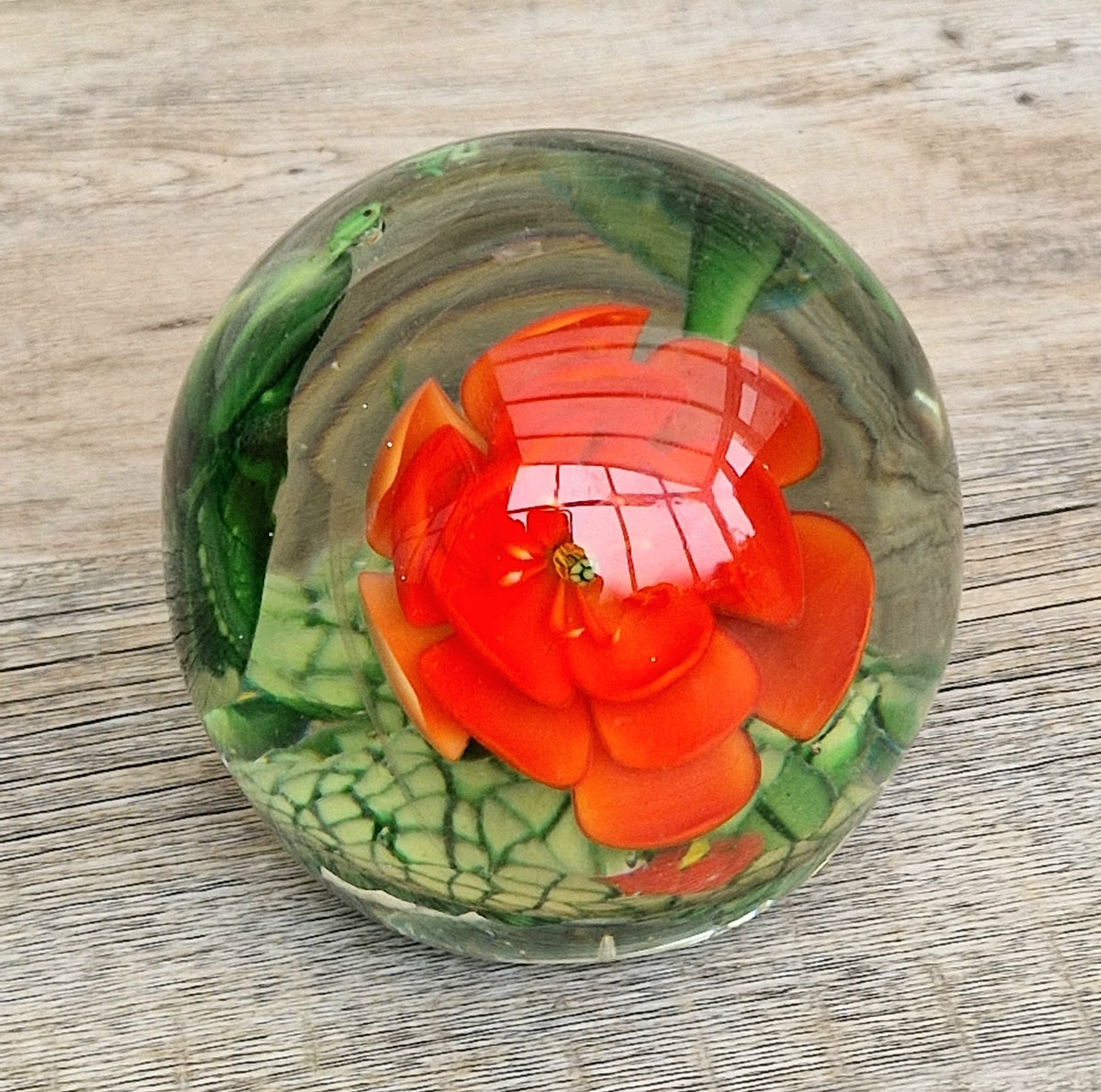 Vintage Giant Magnum Red Flower & Frogs Art Glass Sphere Ball Paperweight 9.5cm 1.4kg