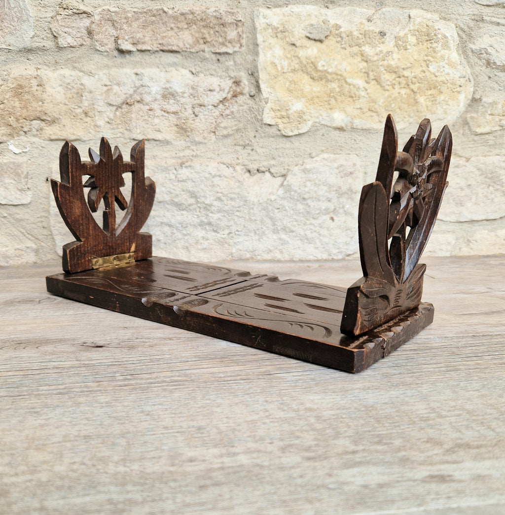 Antique Black Forest Carved Bookslide Continental Fruitwood Extending Book Shelf Rest c.1910