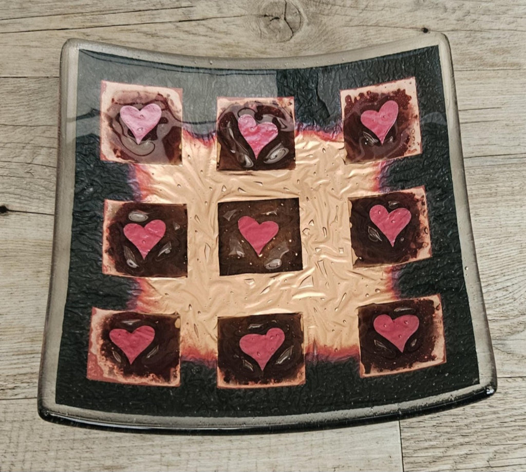 Art Glass Large Love Heart Fused Glass Curved Square Centrepiece 19cm Square
