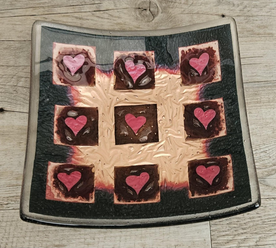 Art Glass Large Love Heart Fused Glass Curved Square Centrepiece 19cm Square