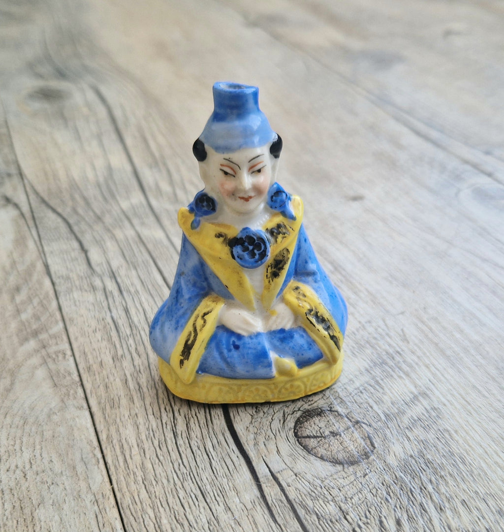 Antique Sitzendorf Ceramic Seated Figure Perfume Bottle - Missing Crown Top