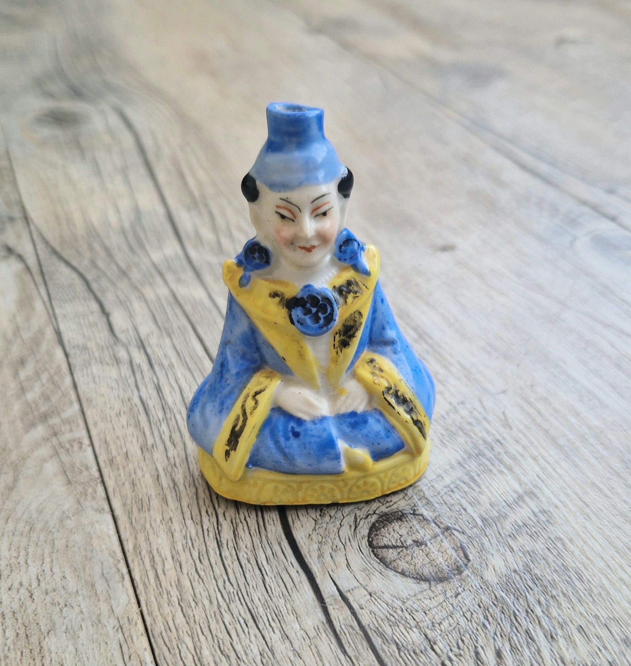 Antique Sitzendorf Ceramic Seated Figure Perfume Bottle - Missing Crown Top