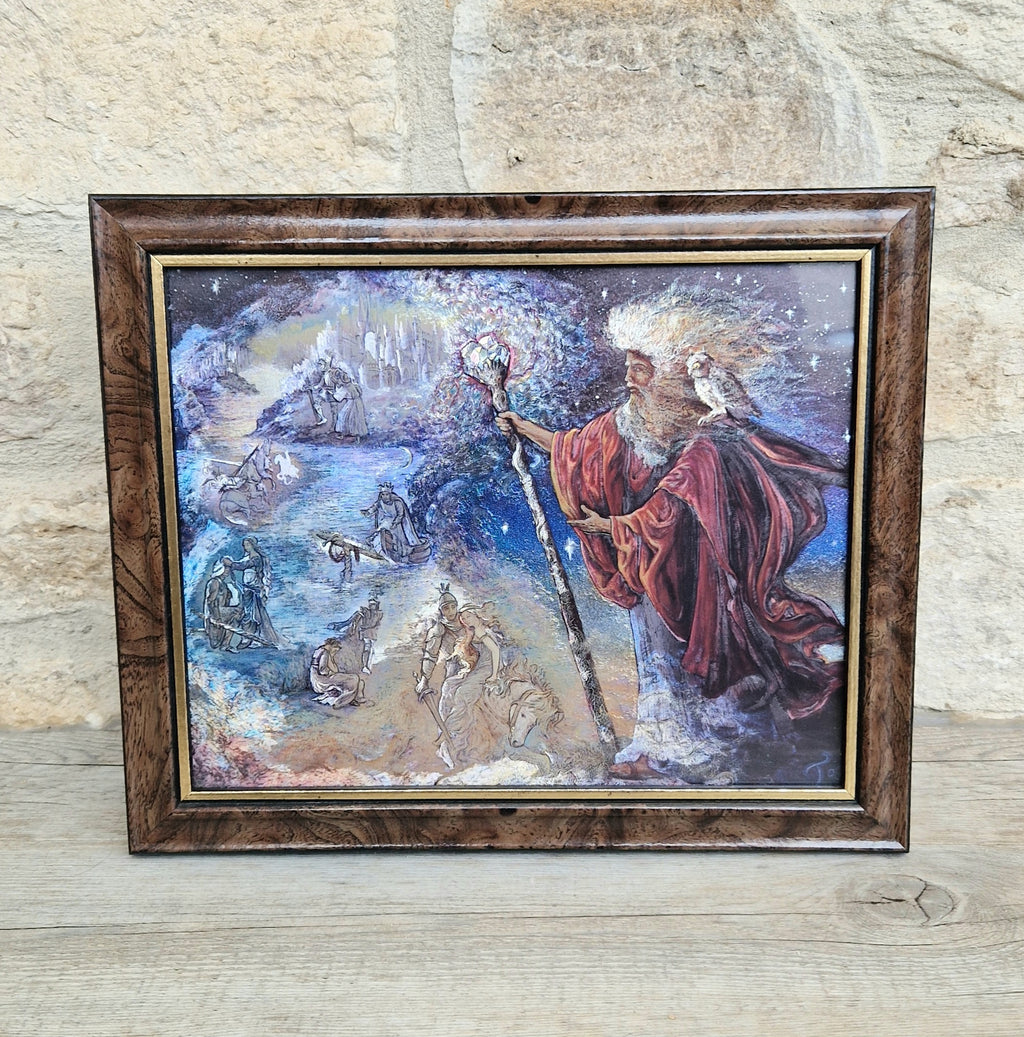 Vintage 1990s Foil Art Print Titled "Merlin's Quest" by Artist Josephine Wall Framed
