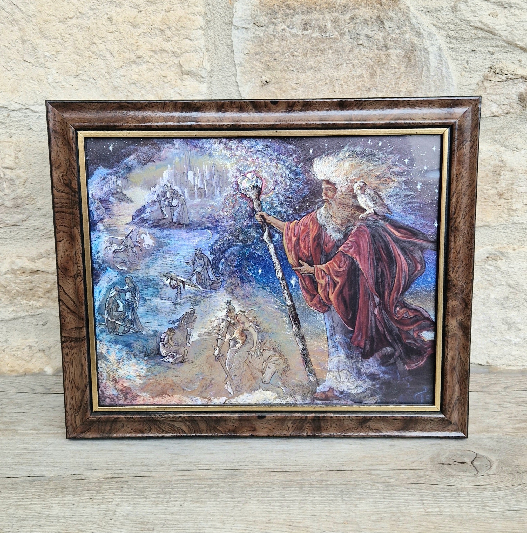 Vintage 1990s Foil Art Print Titled "Merlin's Quest" by Artist Josephine Wall Framed
