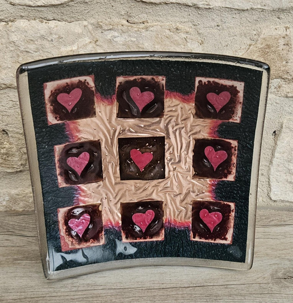 Art Glass Large Love Heart Fused Glass Curved Square Centrepiece 19cm Square