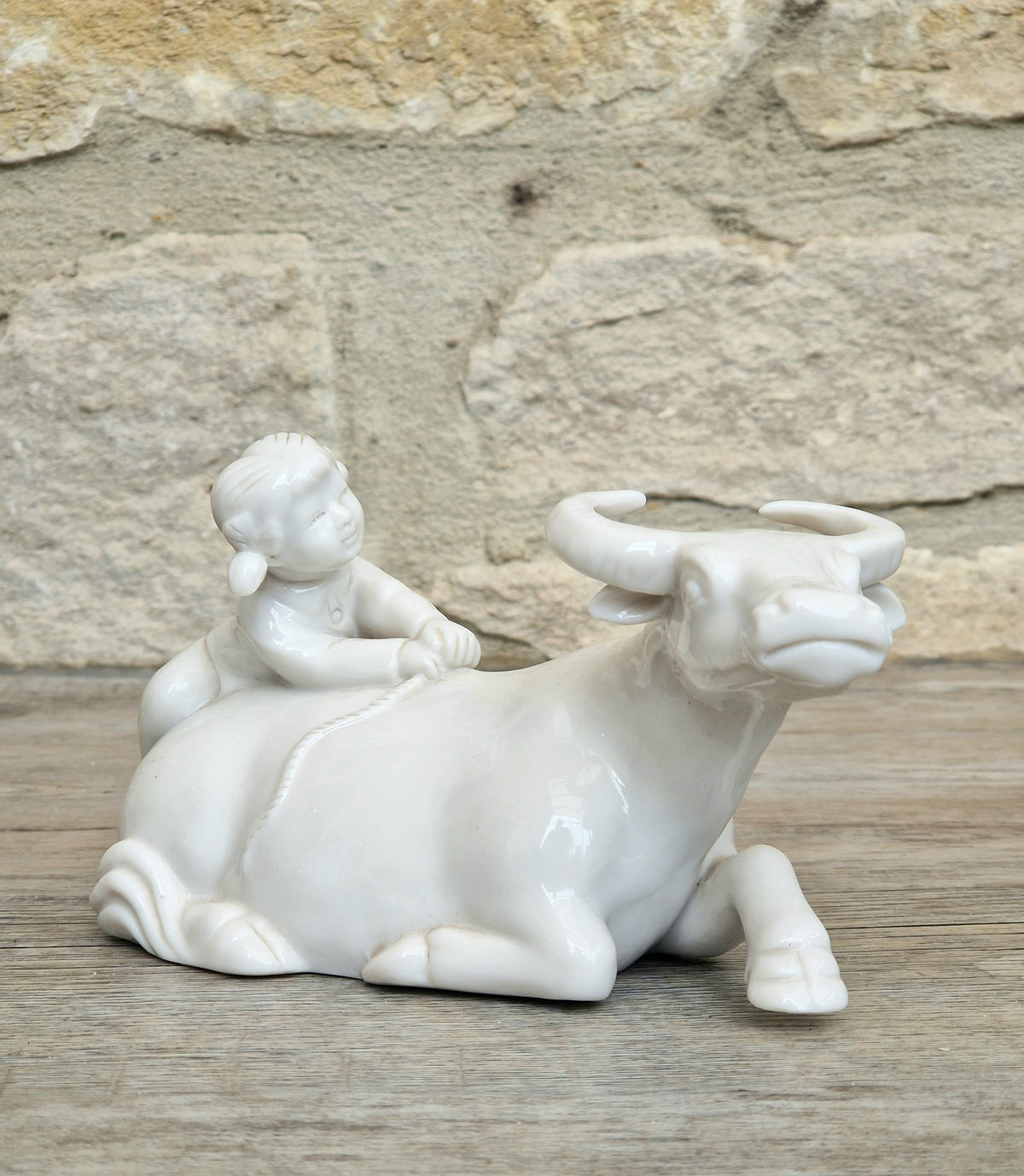 Vintage Chinese Blanc De Chine Porcelain Figurine Girl Riding Water Buffalo Ox Ceramic Home Ornament