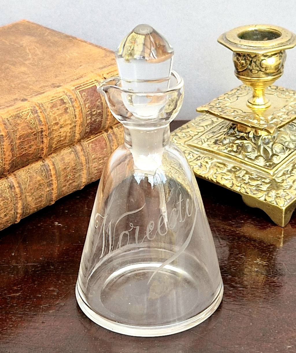 Antique Engraved Glass Worcester Condiment Bottle c.19th Century Fine Copper Wheel Engraving  Glass Stopper English