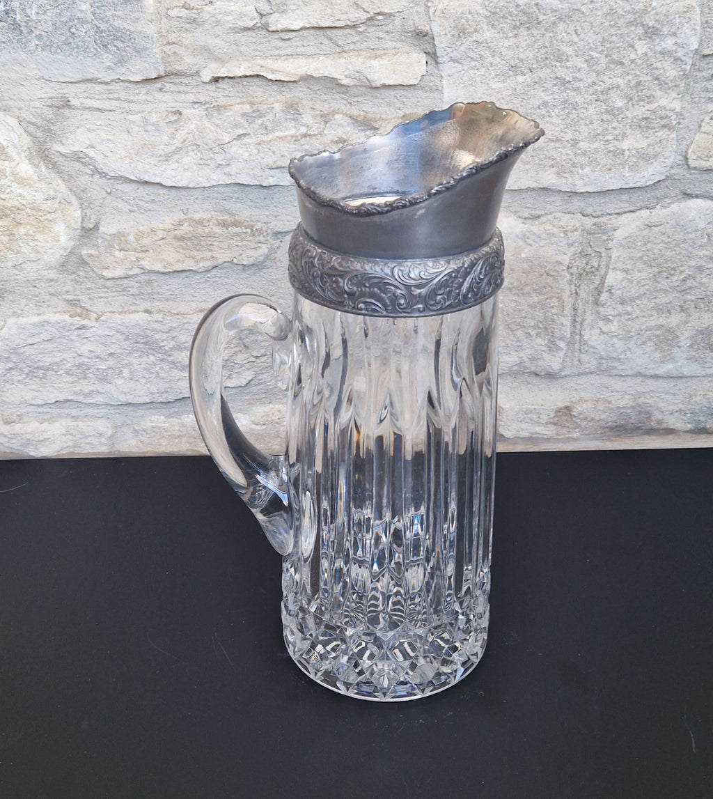 English Heavy Cut Glass & Pewter Water Pitcher Circa 1890 Antique Crystal