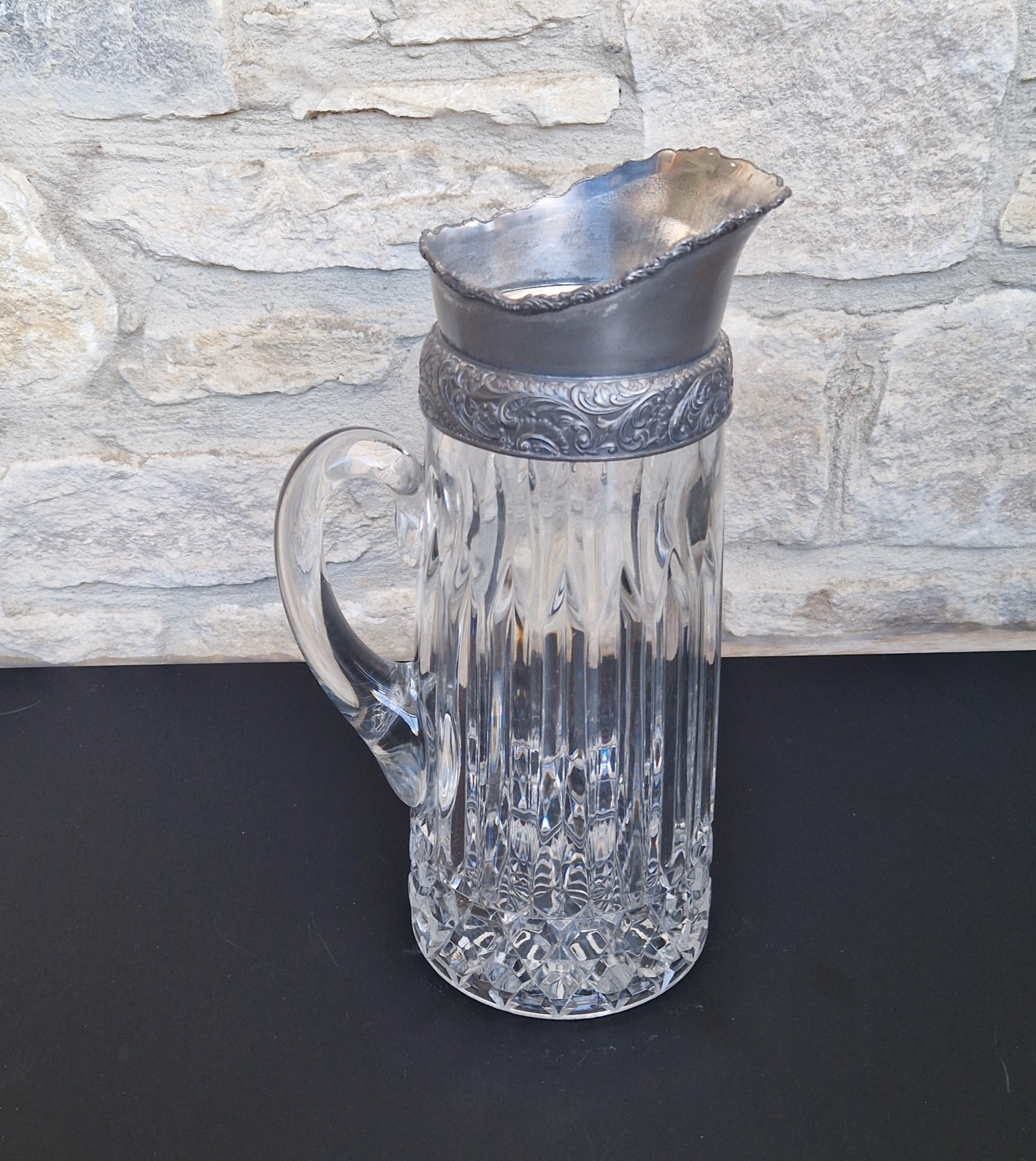 English Heavy Cut Glass & Pewter Water Pitcher Circa 1890 Antique Crystal