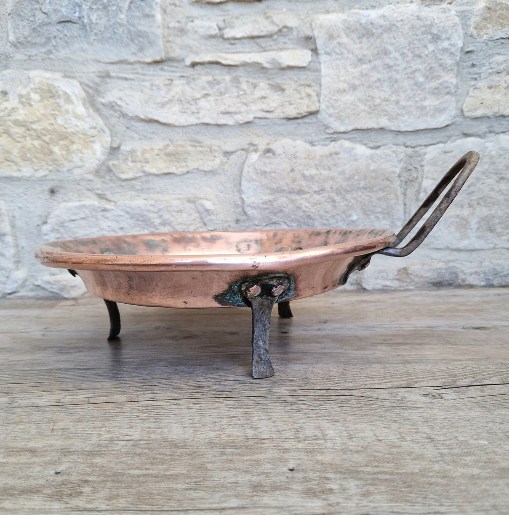 18th - 19th Century Copper & Iron Handle French Tripod Footed Tart Pan Rare Antique Kitchenalia