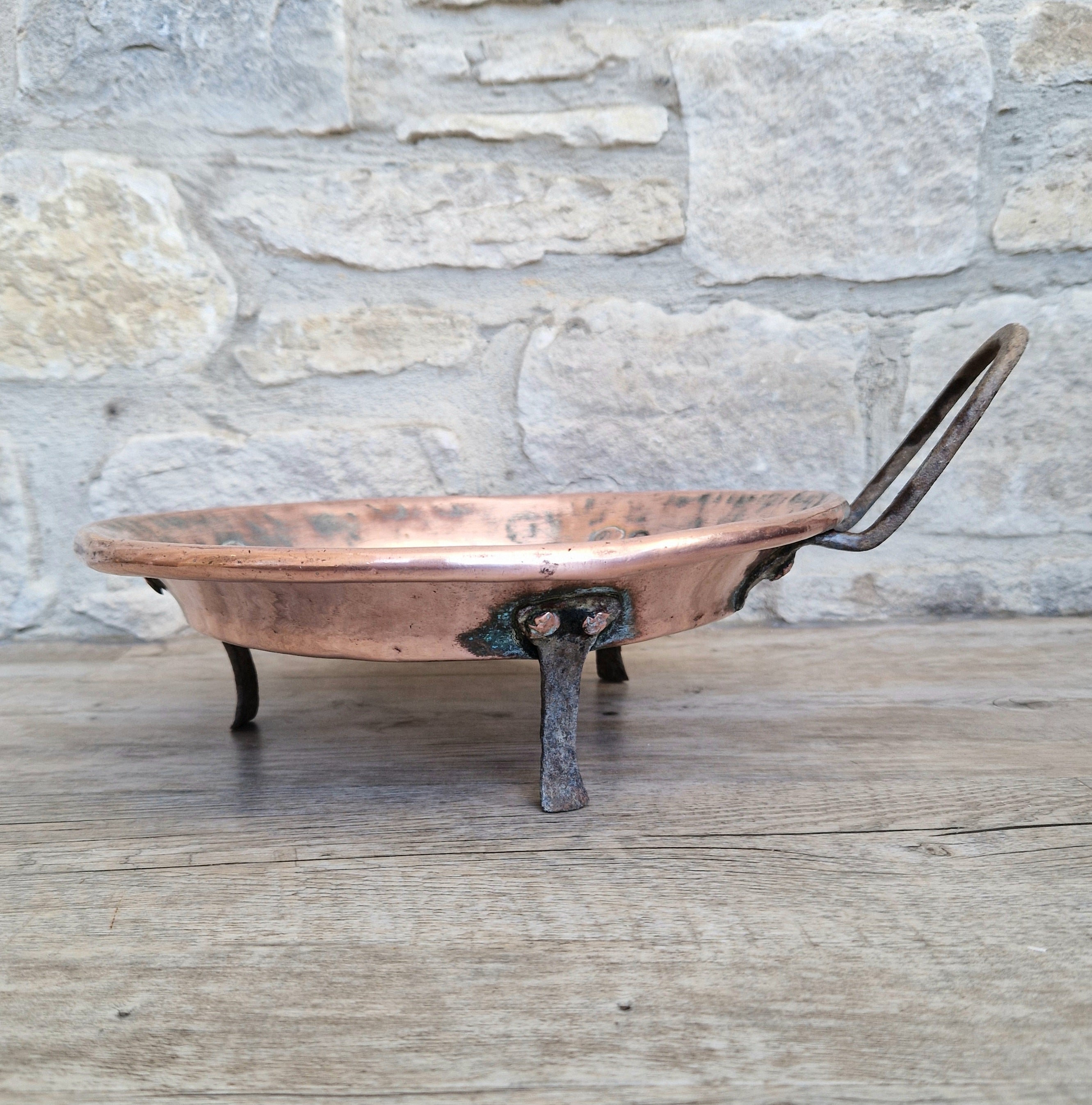18th - 19th Century Copper & Iron Handle French Tripod Footed Tart Pan Rare Antique Kitchenalia