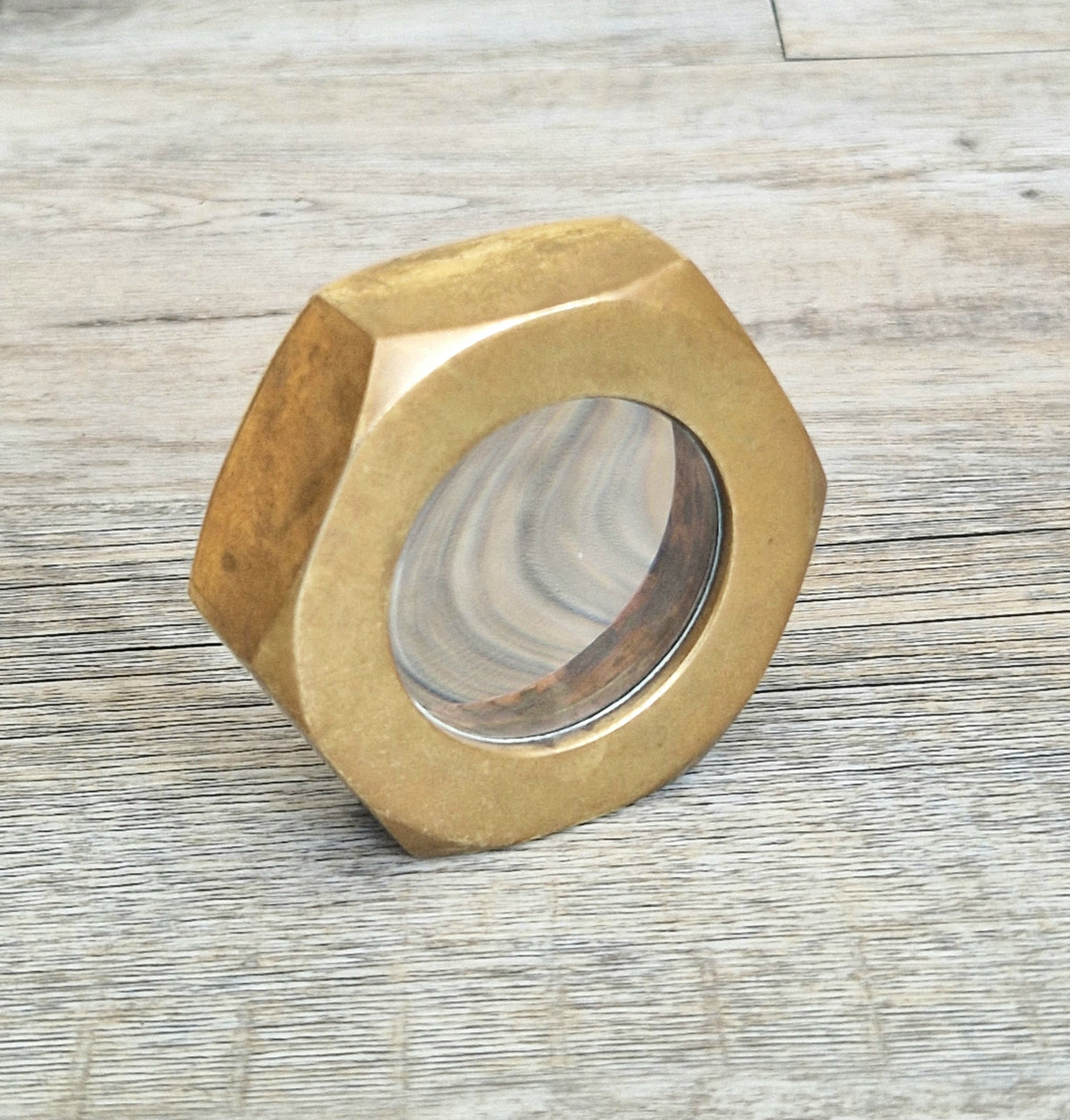 Carl Auböck Brass Hexagon Nut Magnifier Paperweight, Vintage Austria Werkstätte 1950s Desk Accessory, Model 5071 Authentic