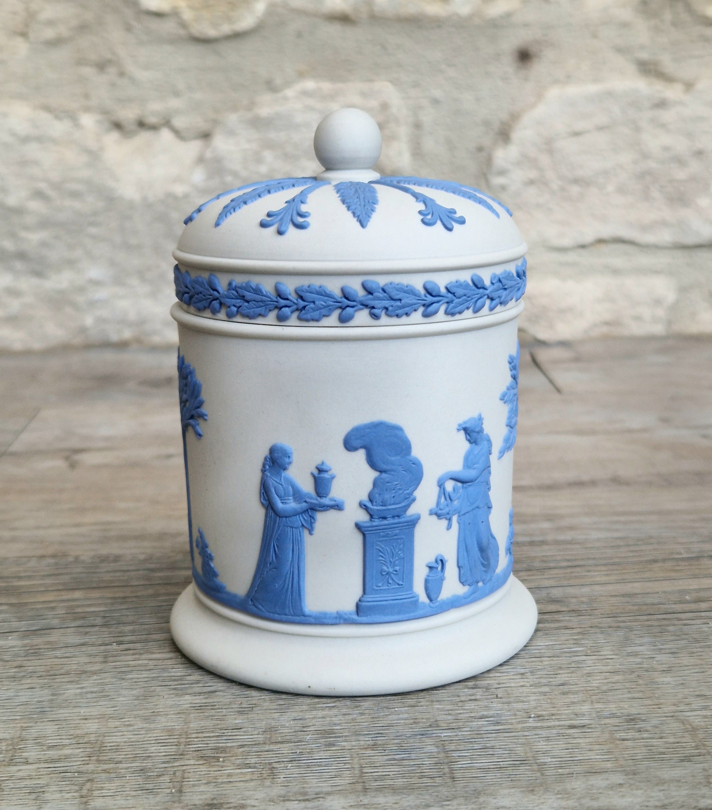 Wedgwood Jasperware Neo Classical Lidded Pot Reverse Blue on White Vintage Wedgwood Made in England